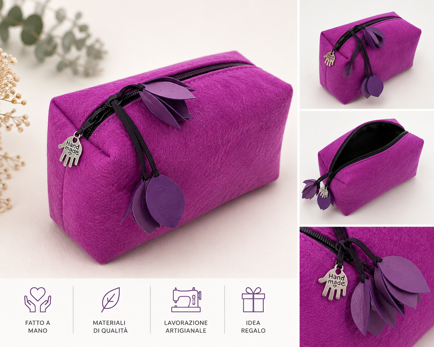 Pochette Fucsia con Petali — Pochette in feltro fucsia con nappine in pelle a foglia e charm.